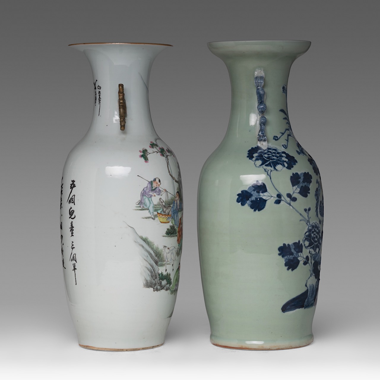 A Chinese famille rose 'Playful Boys' vase, with a signed text - added a blue and white on celadon g - Image 4 of 6