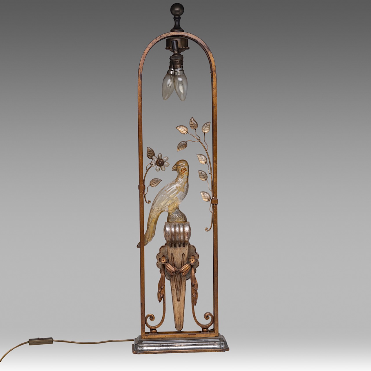A vintage Art Deco lamp, metal frame with a glass bird, H 85 cm - Image 5 of 7