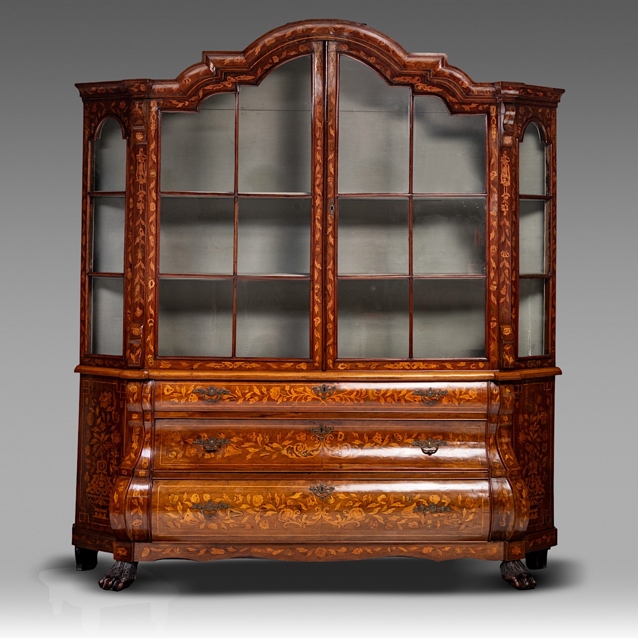 A Dutch floral marquetry display cabinet, 18thC, H 209 cm - W 184 cm - D 43 cm - Image 2 of 5