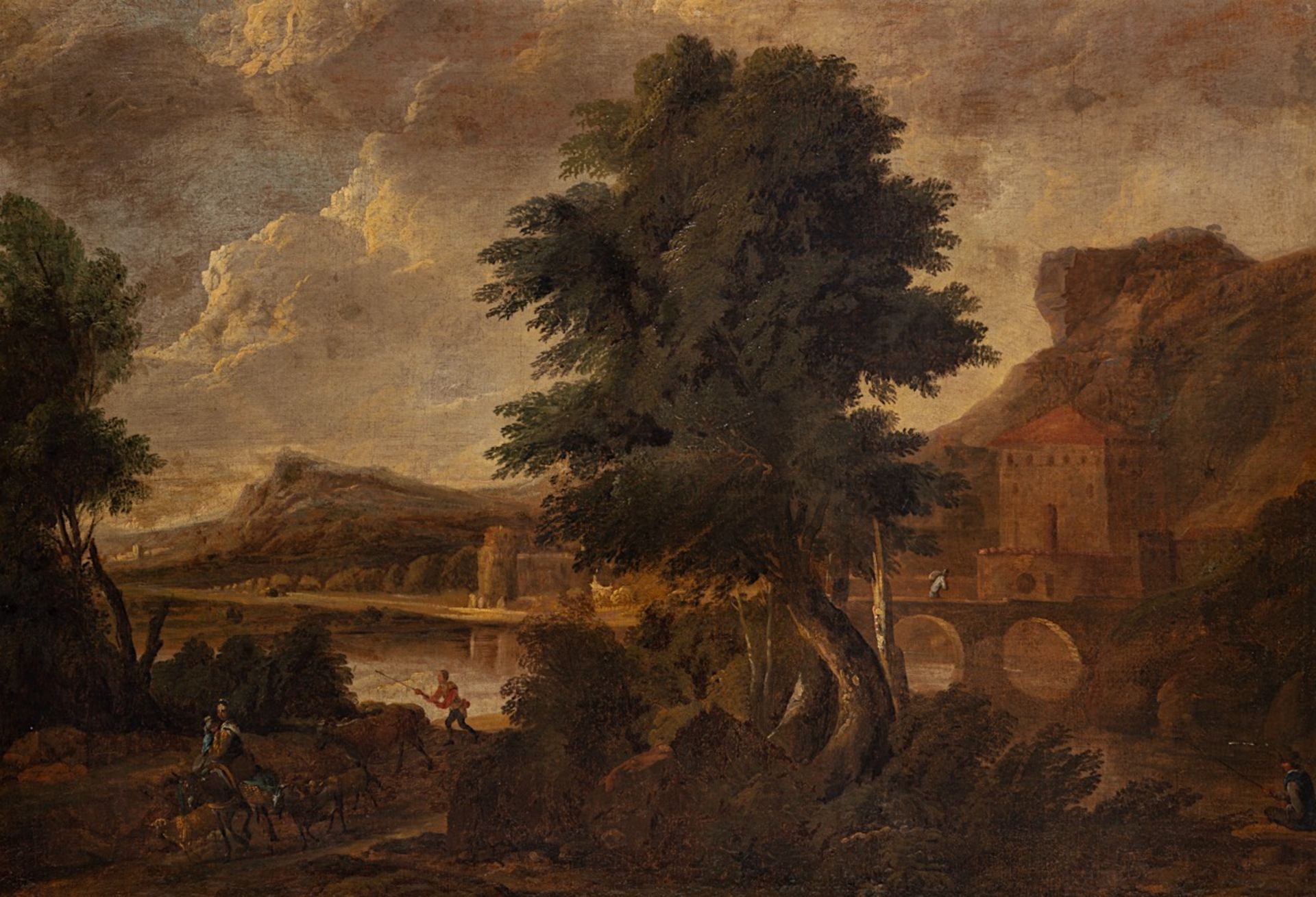 An Italianised pastoral landscape, 17thC Dutch School, oil on canvas 77 x 110 cm. (30.3 x 43.3 in.),