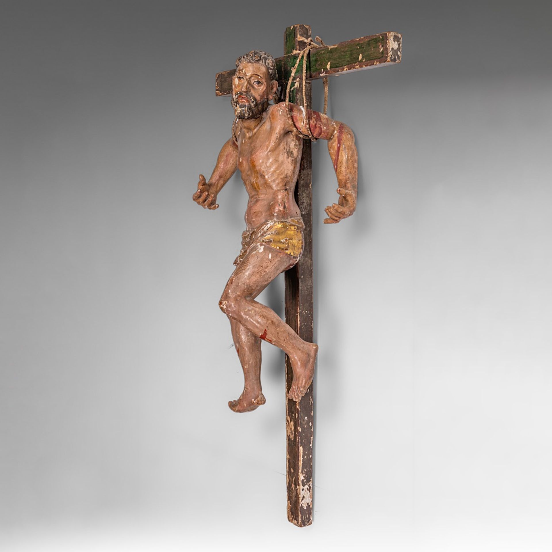 A large polychrome wooden sculpture of 'The Penitent Thief, Dismas', 16th/17thC, Spain, H 110 cm (th - Image 3 of 6