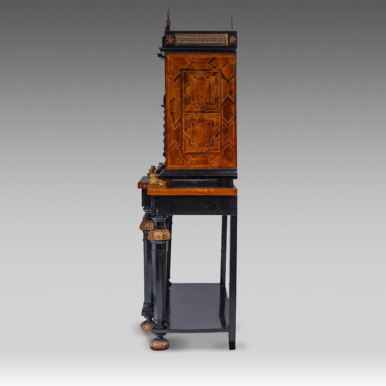 A 17thC cabinet-on-stand, inlaid with tortoiseshell, mother-of-pearl and ivory, H 194 cm (total) (+) - Image 7 of 9