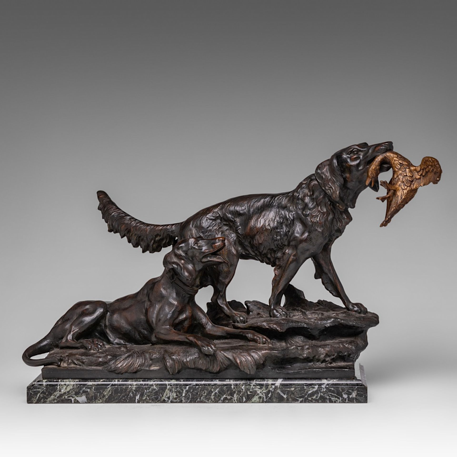 Antonio Amorgasti (1880-1942), two hunting dogs, dated 1924, dark patinated bronze, H 33 - W 60 cm