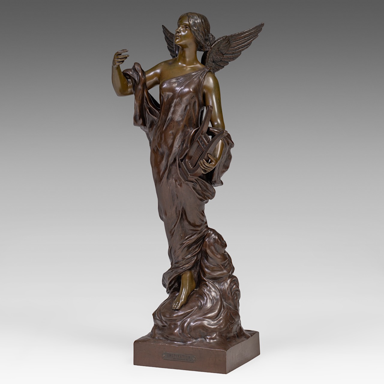 Pierre Etienne Daniel Campagne (1851-1914), 'L'inspiration', patinated bronze, H 85 cm - Image 2 of 26