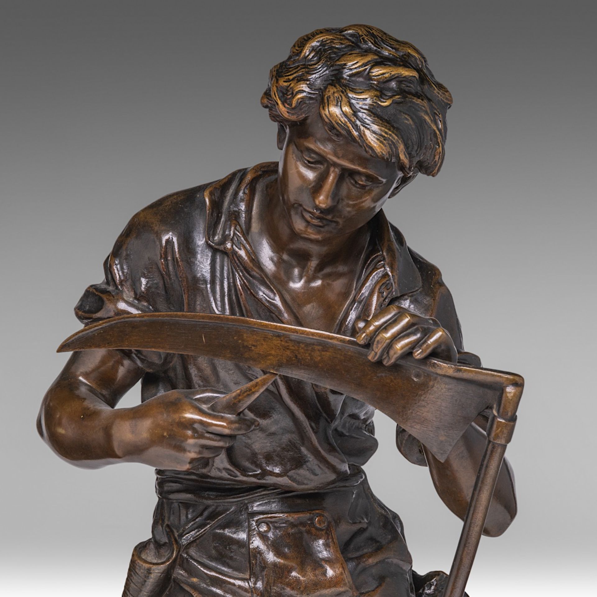 Mathurin Moreau (1822-1912), boy with scythe, patinated bronze, H 62 cm - Image 7 of 7