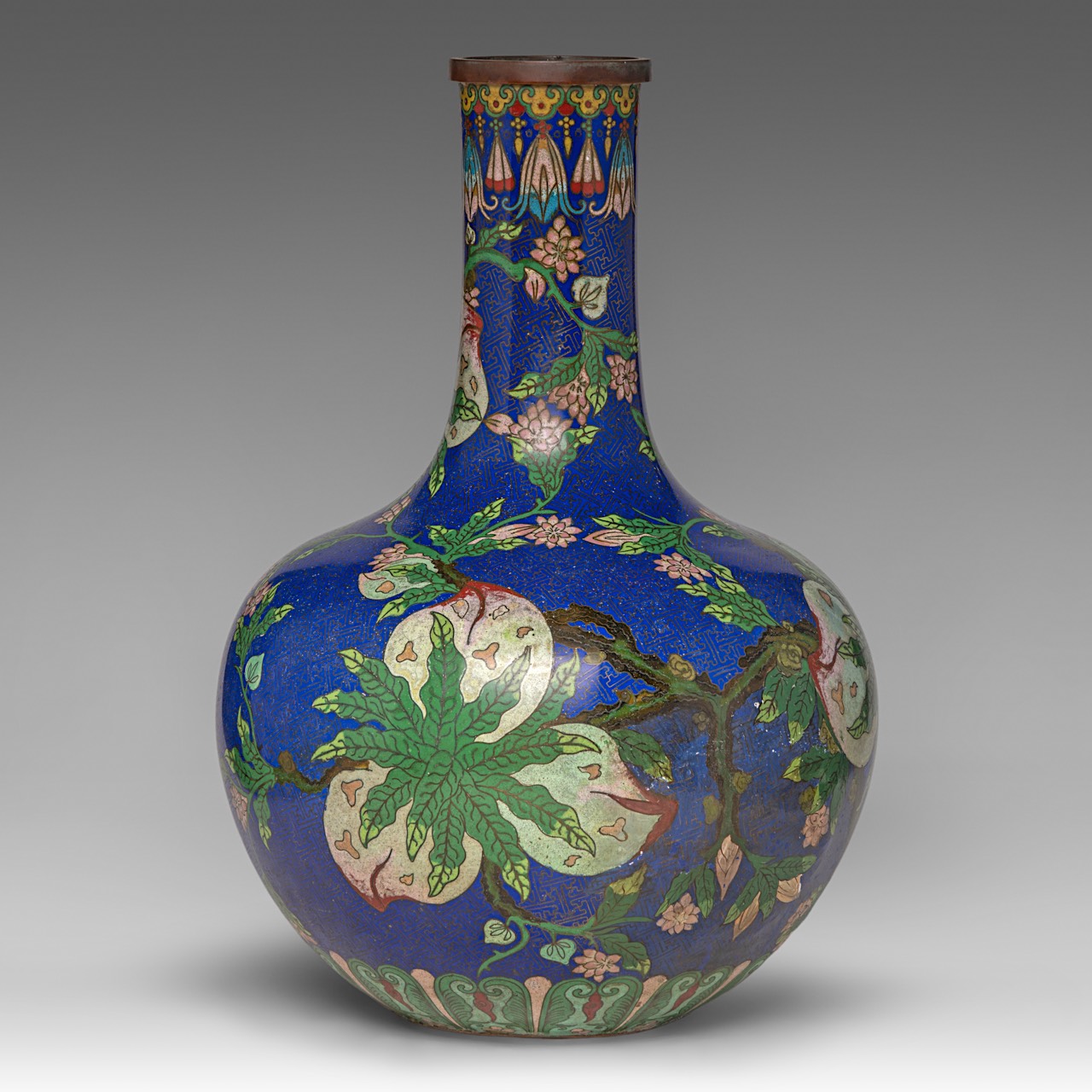 A Chinese cloisonne enamelled 'Nine Peaches' bottle vase, Republic period, H 47,5 cm
