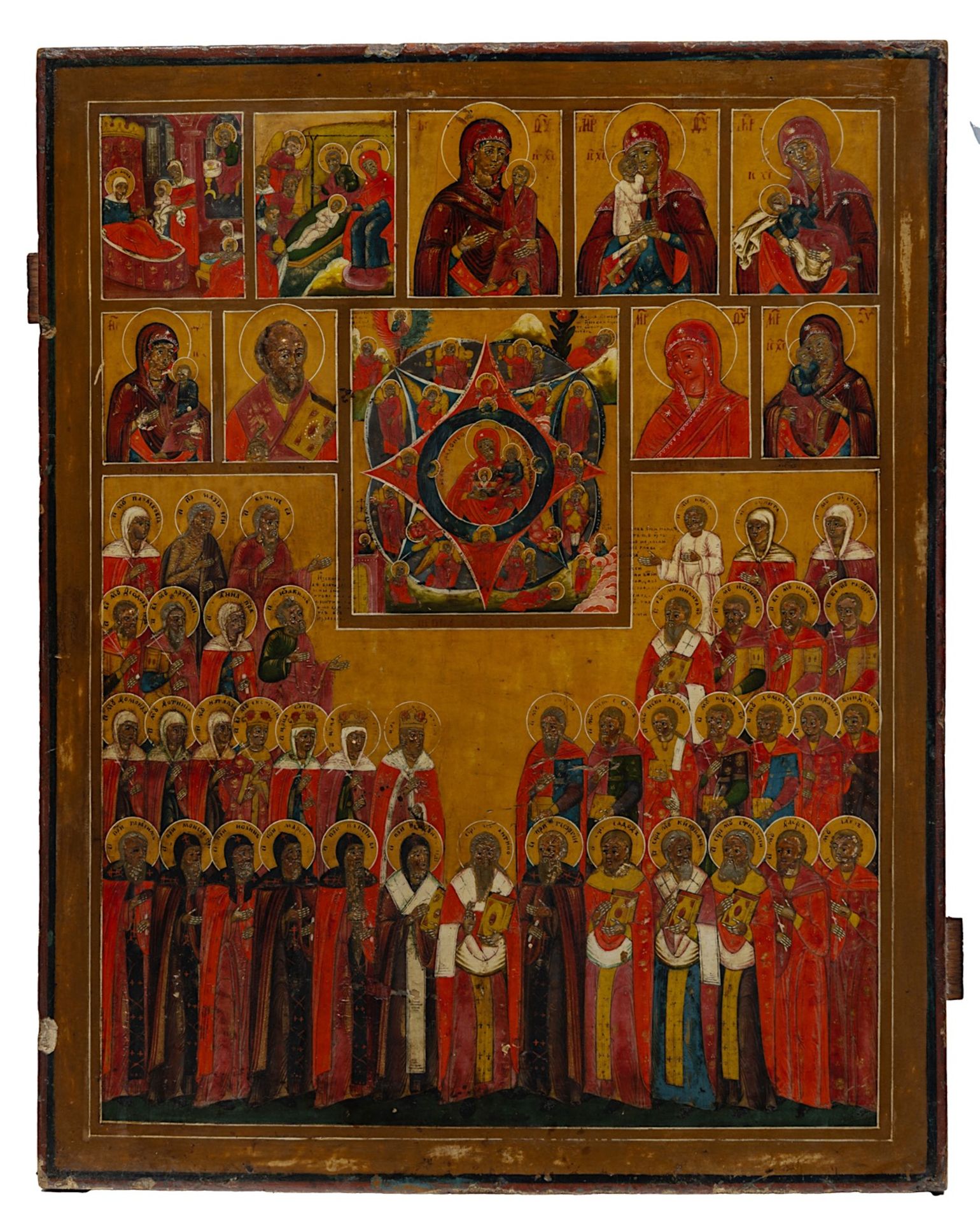 A large Russian icon, depicting several scenes with the Holy Virgin, 19thC 54 x 43 cm. (21.2 x 16.9 - Bild 2 aus 3