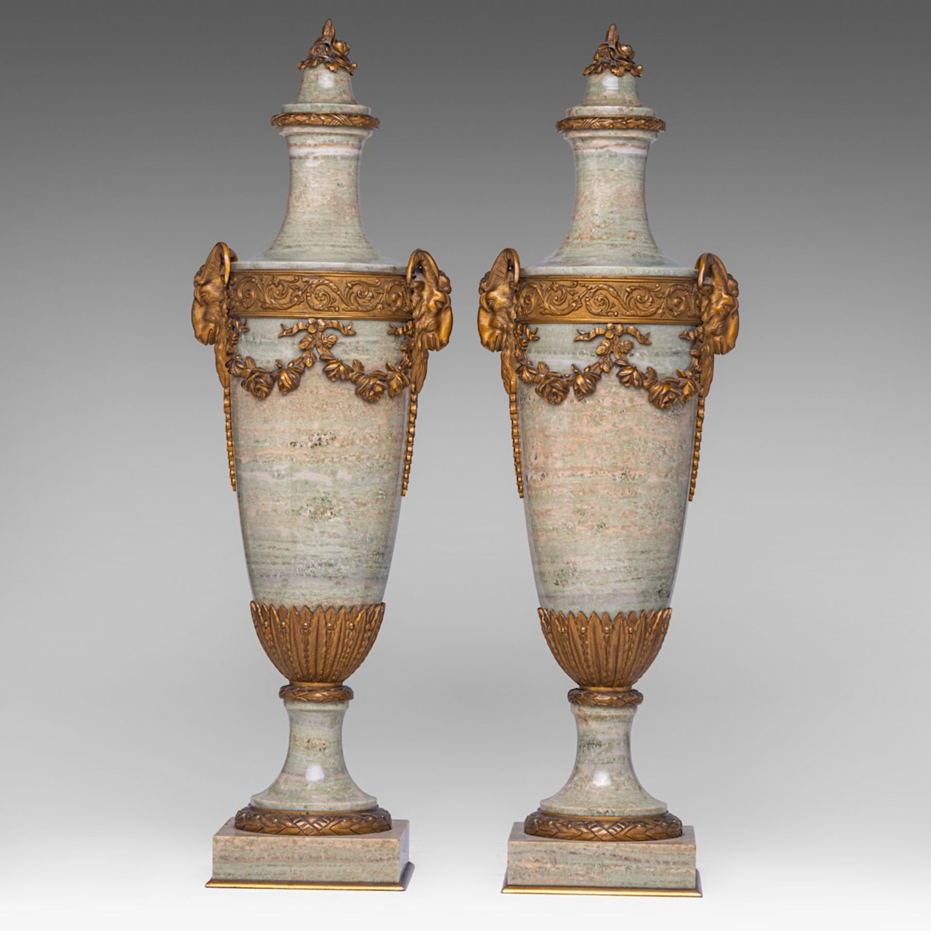 A fine pair of Neoclassical oblong cassolettes, marble with gilt bronze mounts, H 56 cm