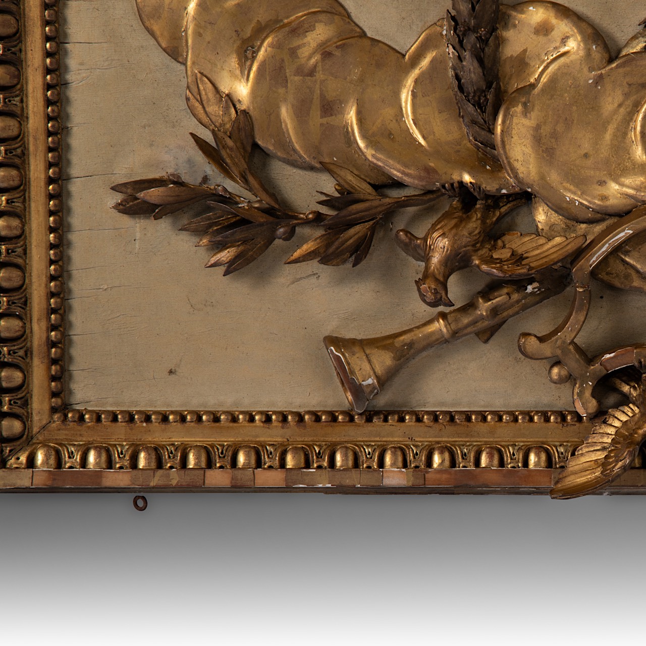 A Louis XVI giltwood trumeau mirror, decorated with a trophy on top, H 270 - W 118 cm - Image 6 of 8