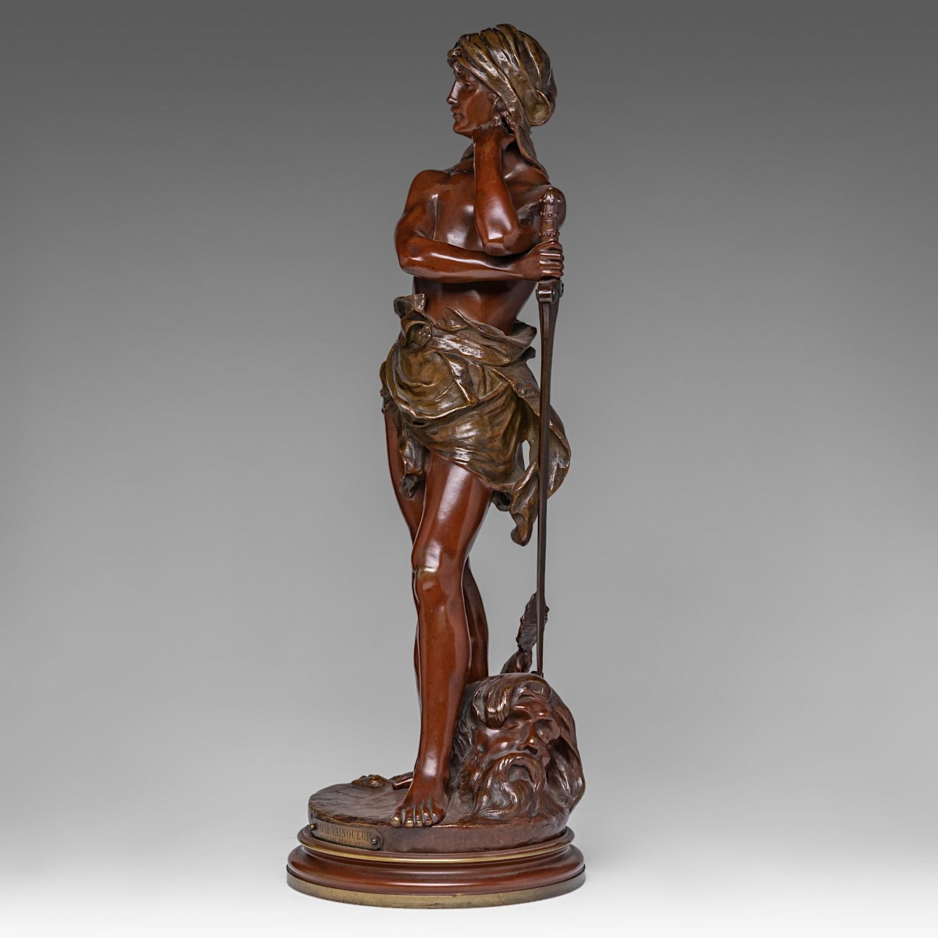 Henri Honore Ple (1853-1922), 'David Vainqueur', patinated bronze, H 61 cm - Image 2 of 7