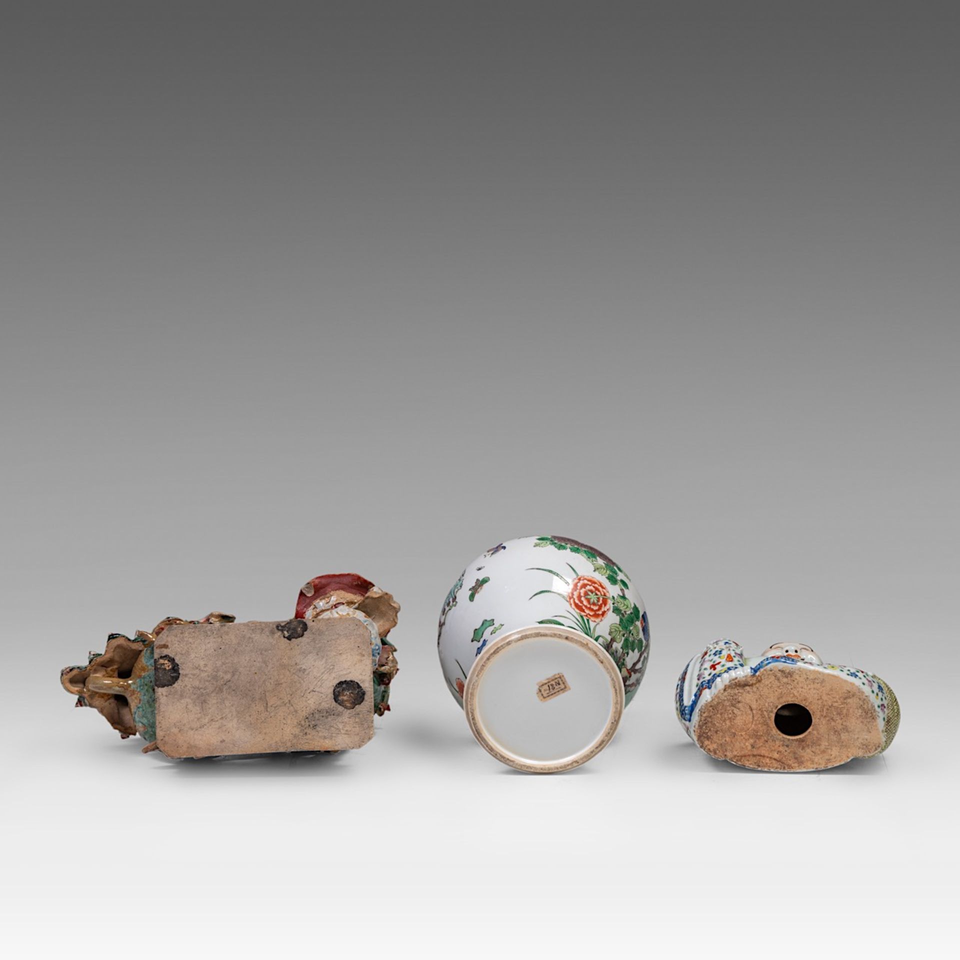 A Chinese famille verte covered baluster vase and a famille rose figure of smiling Budai, early 20th - Image 6 of 8