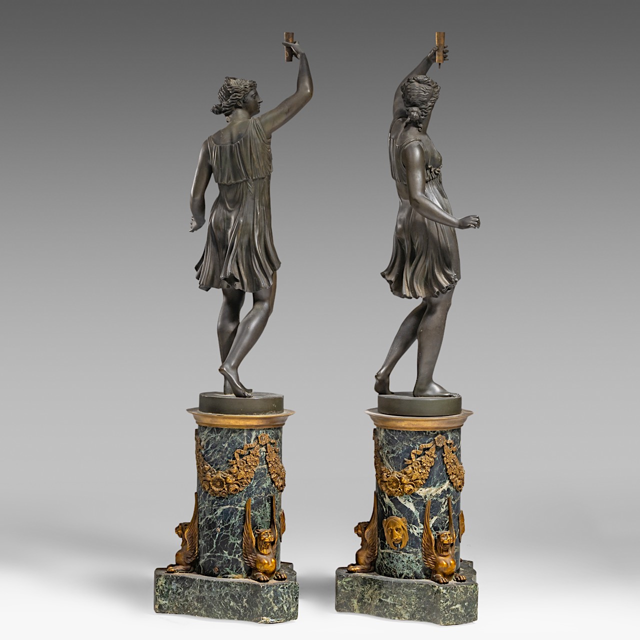 A pair of Empire style patinated bronze and vert de mer marble figural sculptures, H 86 cm - Image 4 of 6