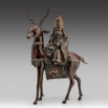 A Japanese champleve enamelled bronze statue of Fukurokuju riding a deer, late Meiji (1868-1912), H