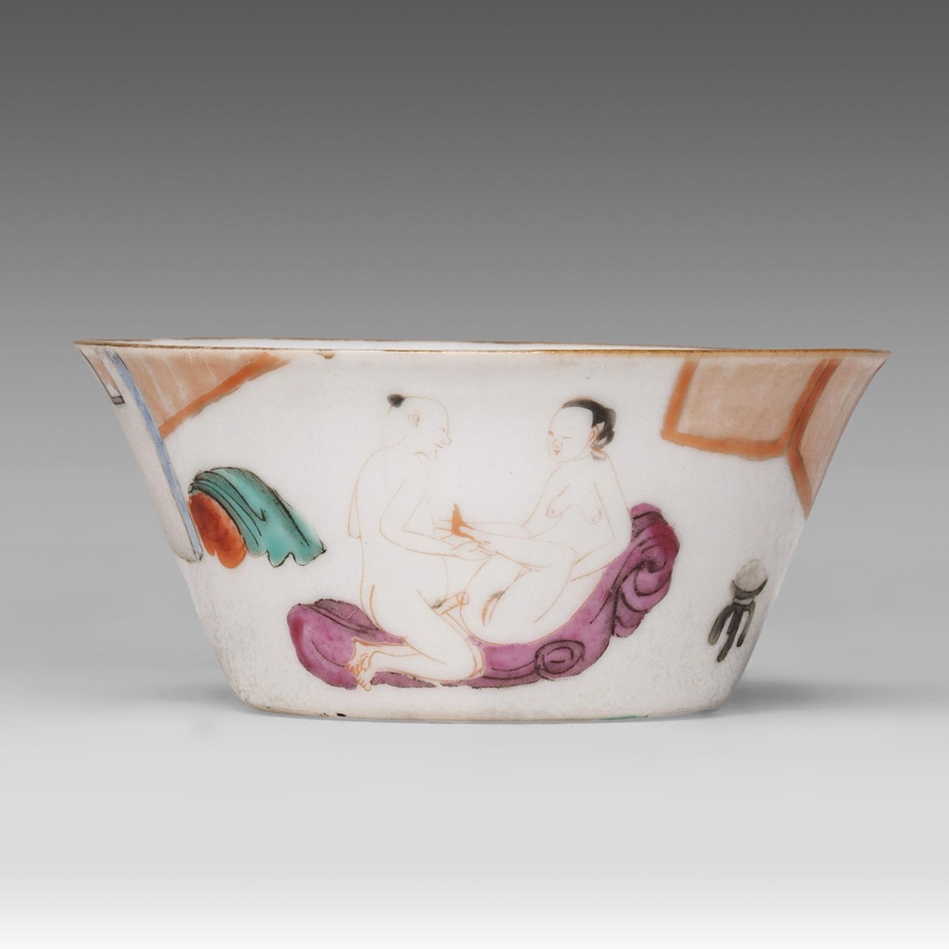 A rare Chinese famille rose 'Erotic Scene and Red Dates' cup, Xianfeng/Tongzhi period/ late 19thC, H
