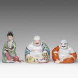 A small collection of three Chinese famille rose enamelled figures, some impress marked, 20thC, H 30