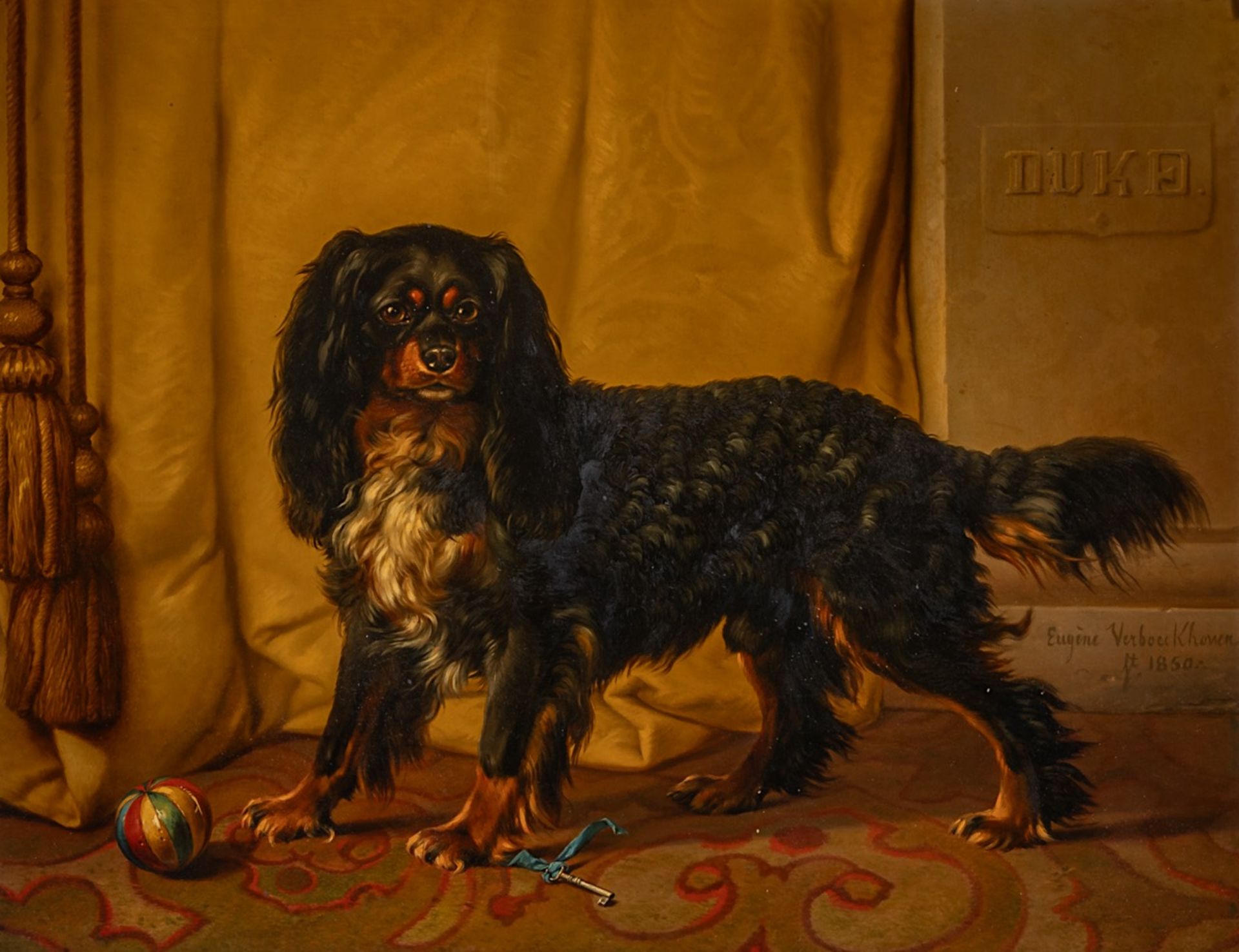 Eugene Verboeckhoven (1798/99-1881), A King Charles cavalier spaniel named Duke, 1850, oil on mahoga