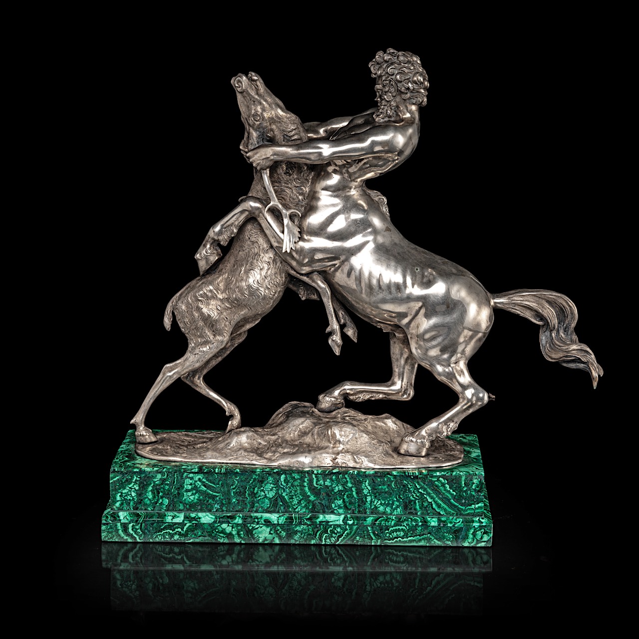 A silver figure of a centaur and deer fighting on a malachite veneered base, 800/000 35.5 x 36 x 13 - Image 3 of 11