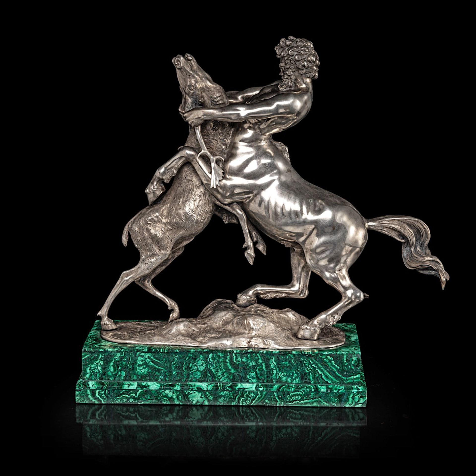 A silver figure of a centaur and deer fighting on a malachite veneered base, 800/000 35.5 x 36 x 13 - Bild 3 aus 11