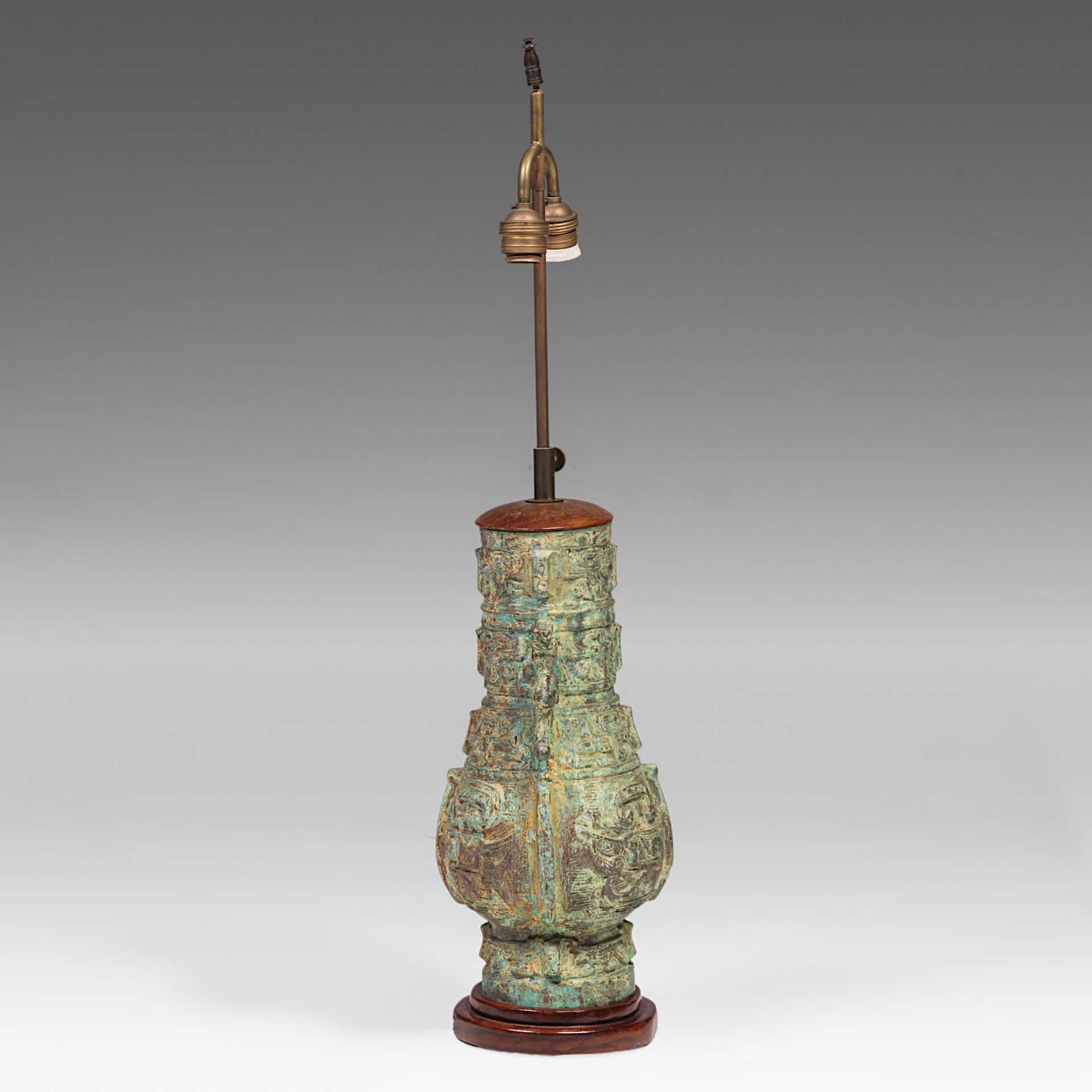 A Chinese archaistic bronze vase, fixed with lamp mounts, total H 75 cm - Image 4 of 4