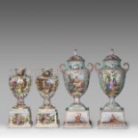 A large near pair of Vienna (or Dresden) hand-painted porcelain vases, and a smaller matching pair o