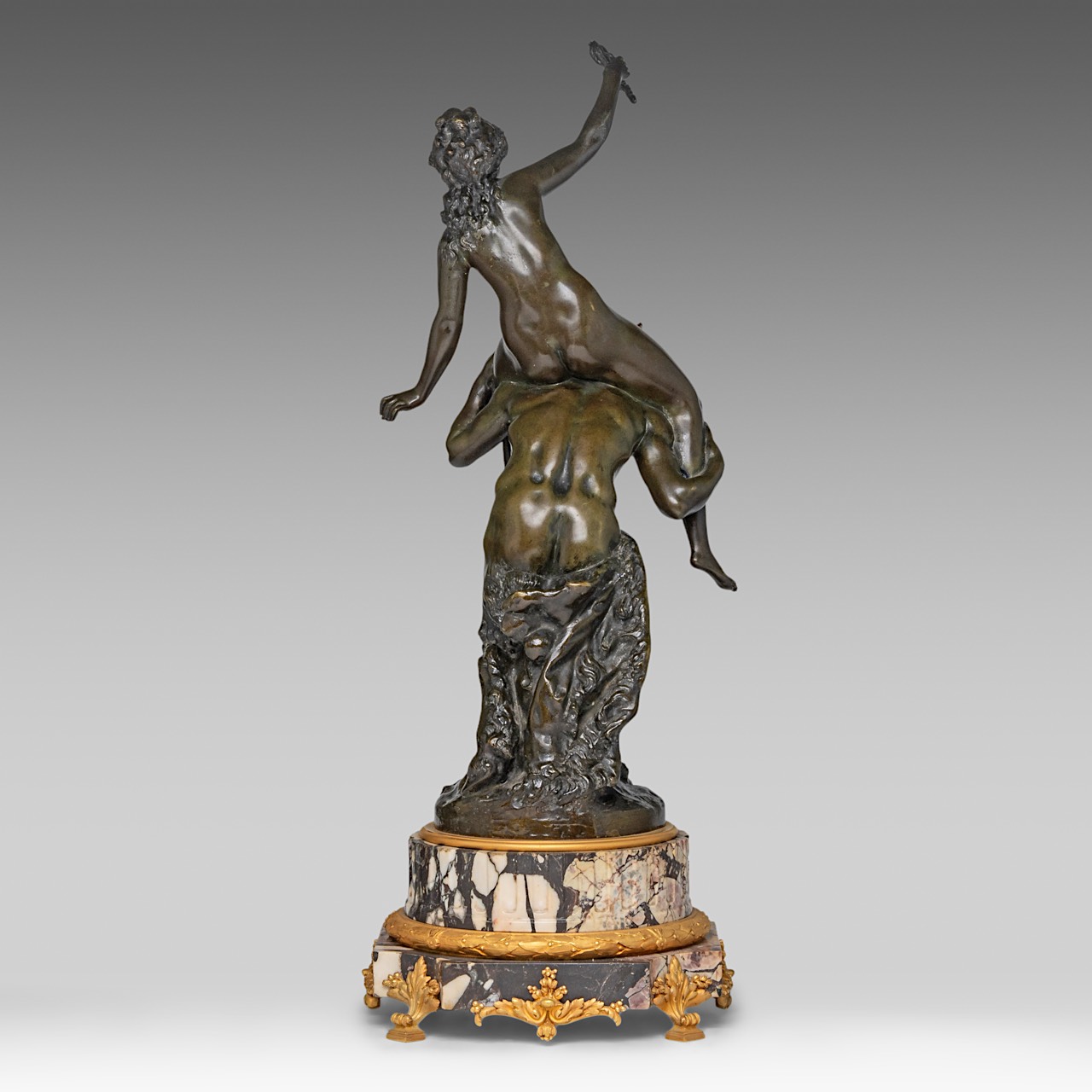 Clodion (1738-1814), Satyr and Nymph, patinated bronze on a marble base with gilt bronze mounts, H 6 - Image 4 of 8