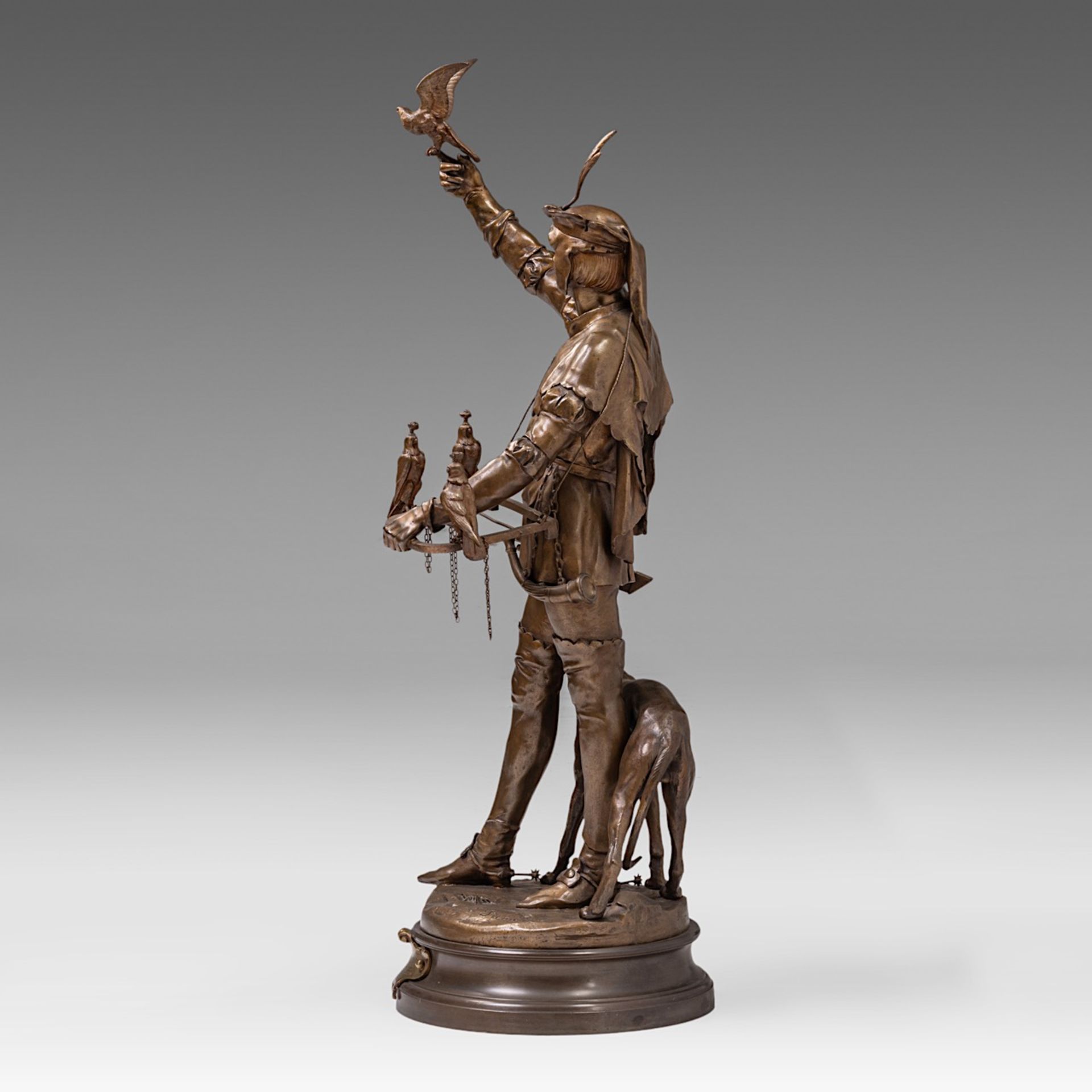 Emile Louis Picault (1833-1915), 'Le Fauconnier', patinated bronze, H 85 cm - Bild 3 aus 10