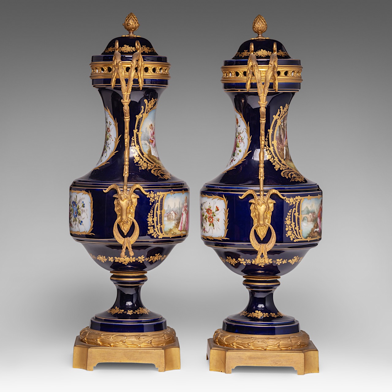 A pair of blue royale ground Sevres vases with hand-painted gallant scenes and gilt bronze mounts, H - Image 4 of 12