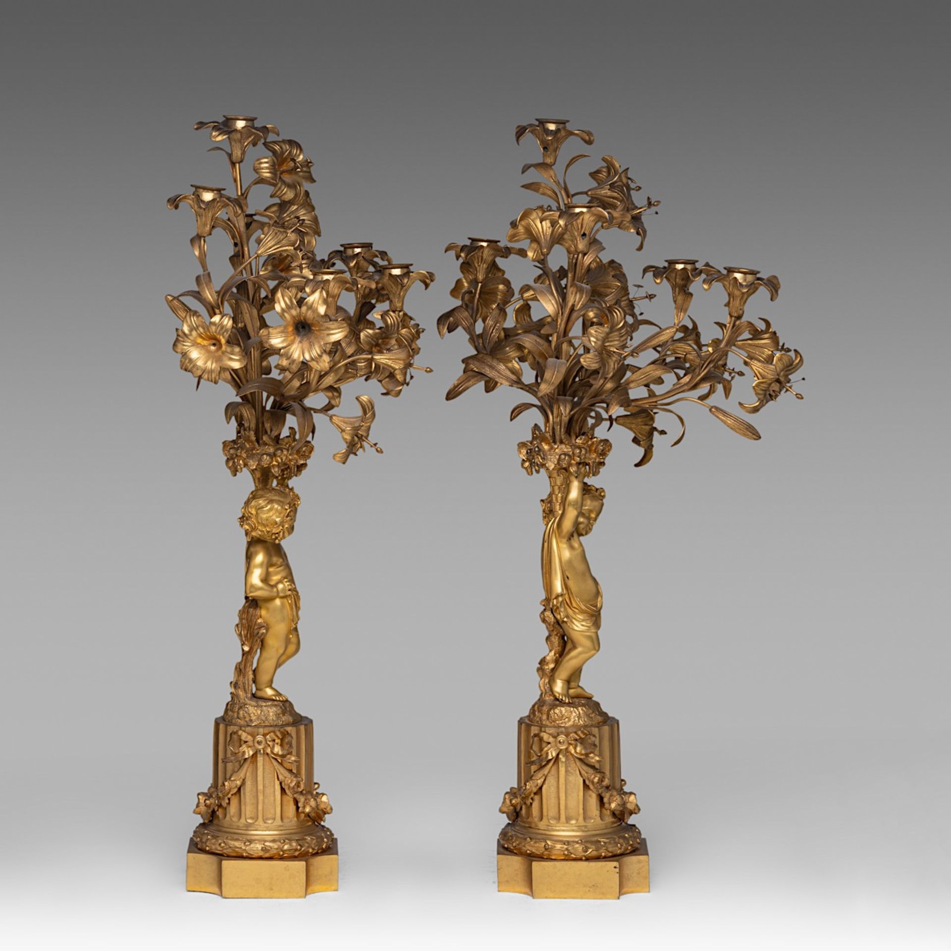 A pair of Napoleon III gilt bronze candelabras, H 70 cm - Bild 4 aus 5