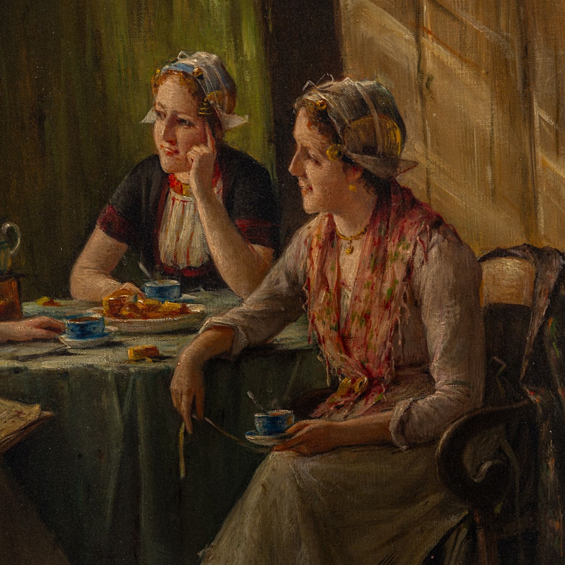 Edward Portielje (1861-1949), chatting maids over a cup of tea, oil on canvas 51 x 64 cm. (20.0 x 25 - Bild 6 aus 6
