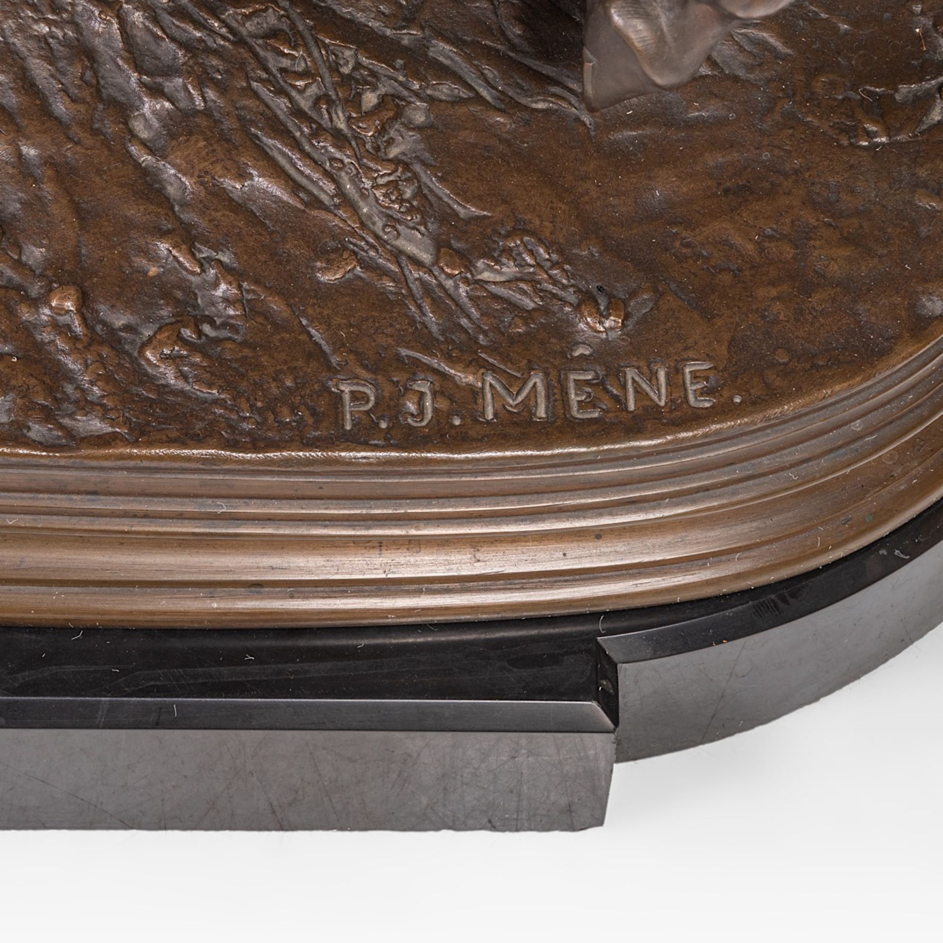 Pierre-Jules Mene (1810-1879), the falconer, patinated bronze on a black marble base, casted by Barb - Bild 9 aus 11