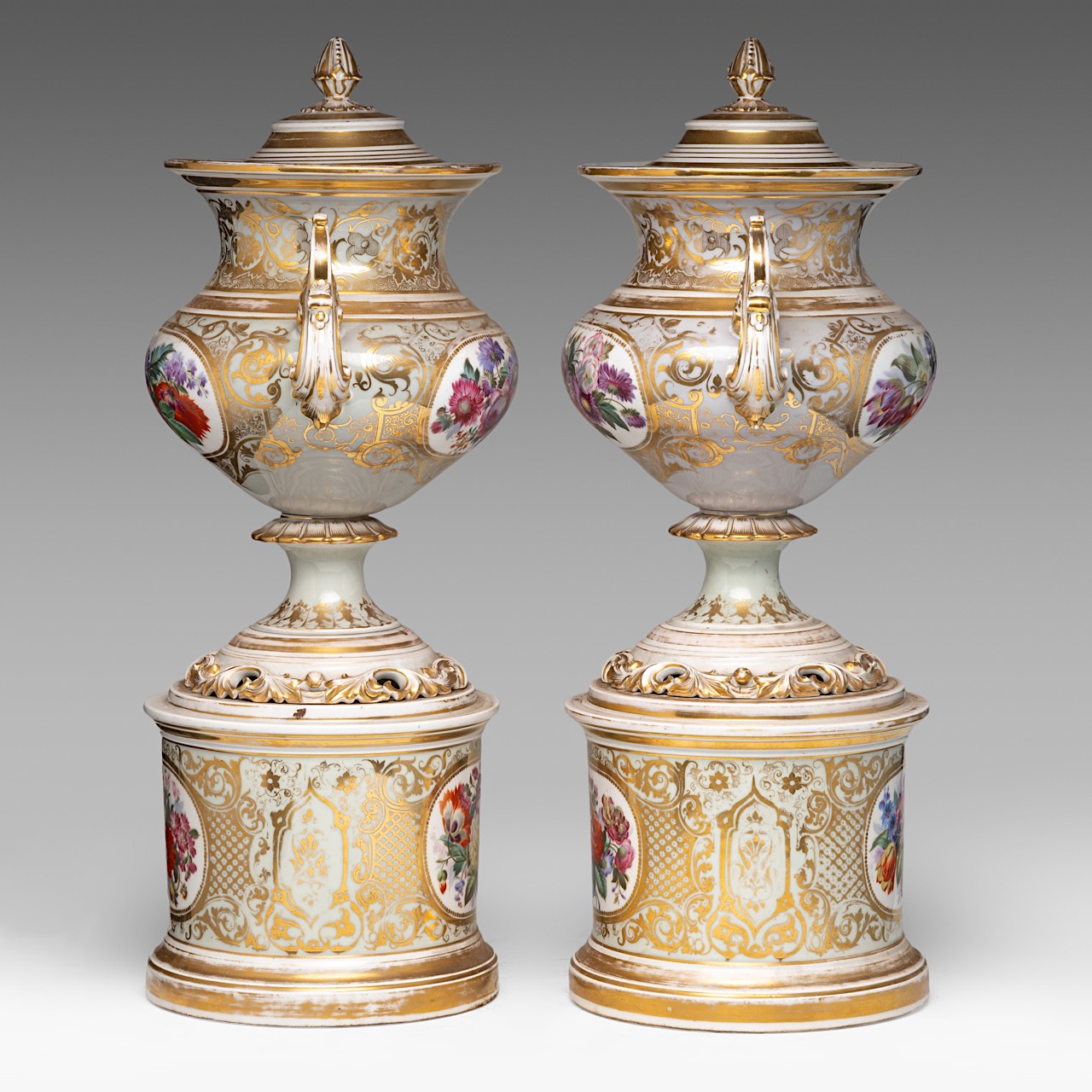A large pair of Napoleon III gilt and polychrome porcelain vases and covers on stands, late 19thC, H - Image 2 of 4