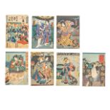 A collection of seven Japanese woodblock prints by Kunisada (1786-1865), all framed 45x30 cm