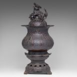 A large Japanese bronze censer with a shishi on top, Meiji period (1868-1912), H 60 cm