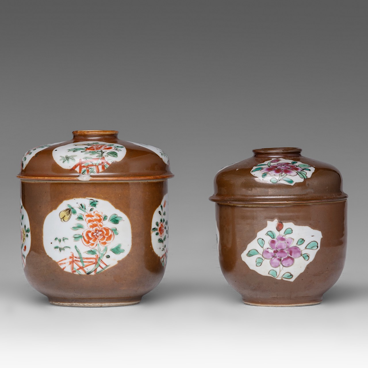 A series of five Chinese famille rose 'Peony' dishes, 18thC, dia 22 cm - added two cafe-au-lait and - Image 11 of 15