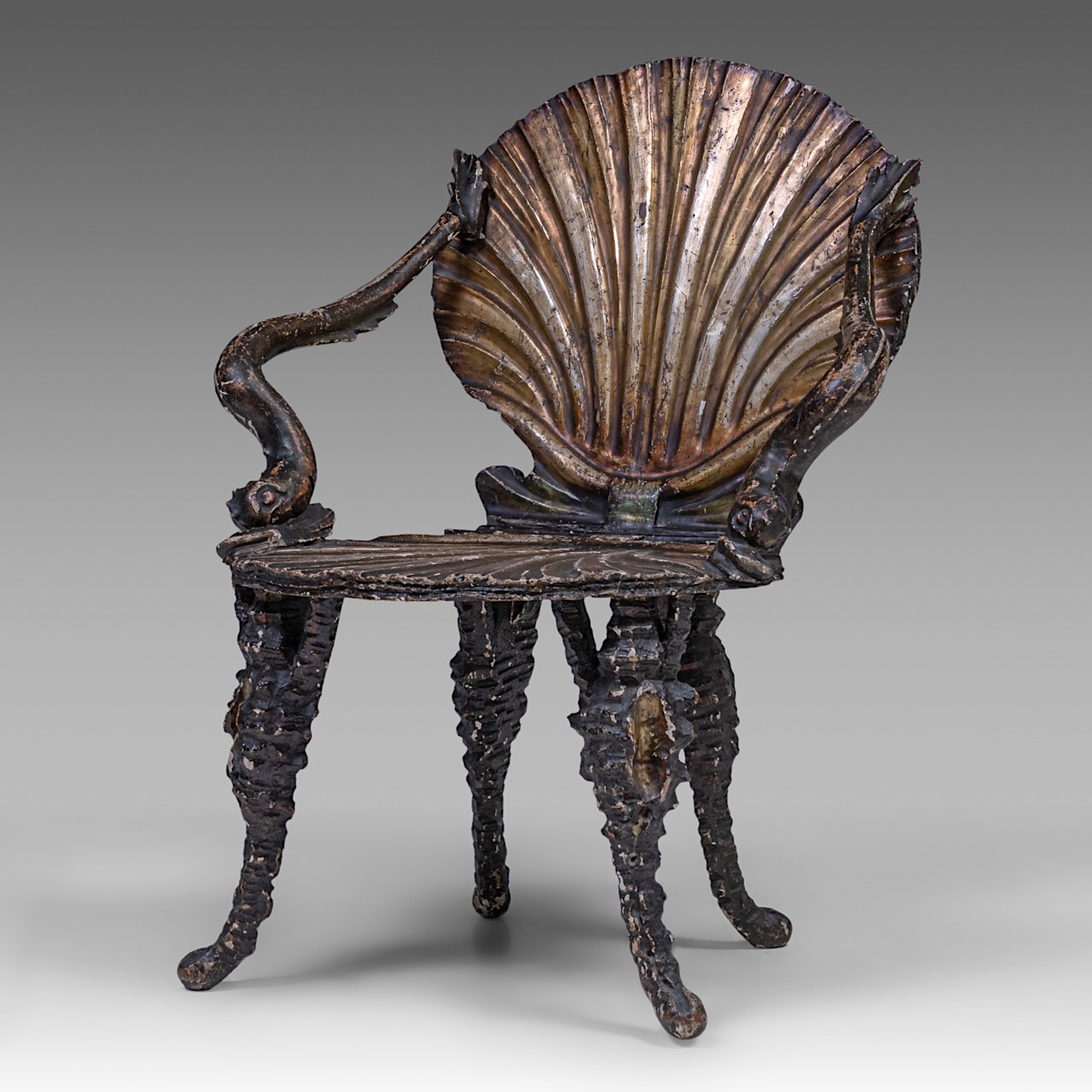 A Venetian 'Grotto' chair, patinated carved wood and stucco, 19thC, H total 84 cm - H seat 40,5 cm - - Image 3 of 8