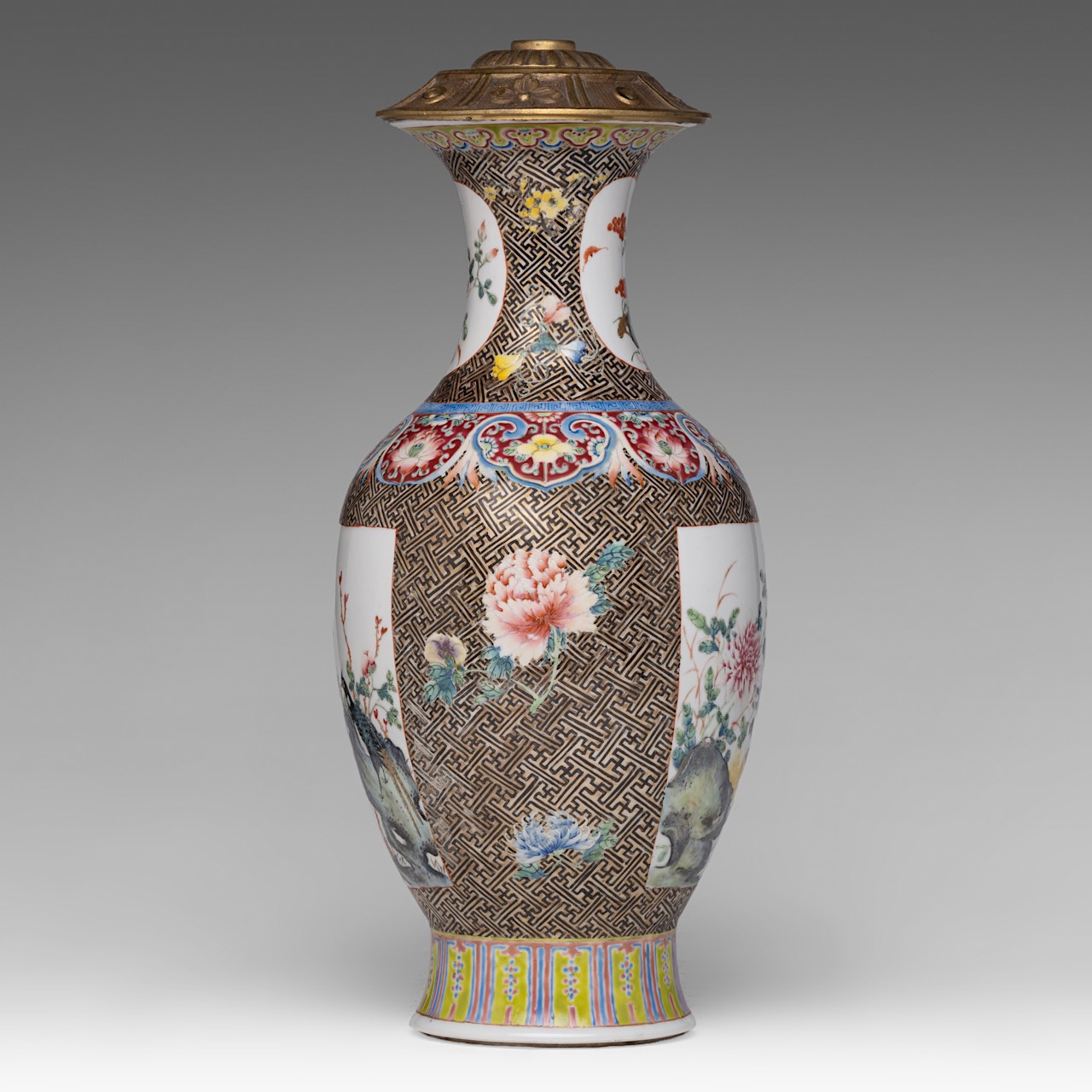 A fine Chinese famille rose 'Pheasants and Quails' baluster vase, with a Qianlong mark, late 19thC, - Image 2 of 6