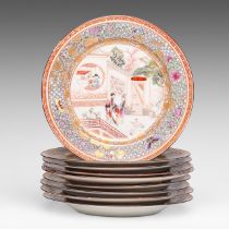 A series of 9 French Samson famille rose 'Romance of the Western Chamber' dishes, 19thC, dia 23,5 -