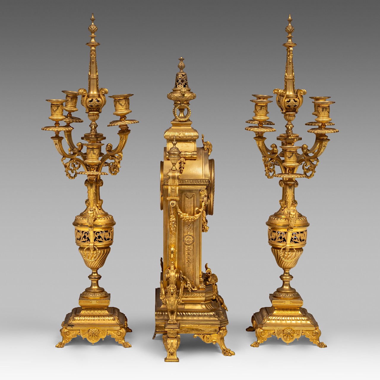 A Napoleon III gilt bronze three-piece mantle clock set, H 70 - 80 cm - Image 4 of 5