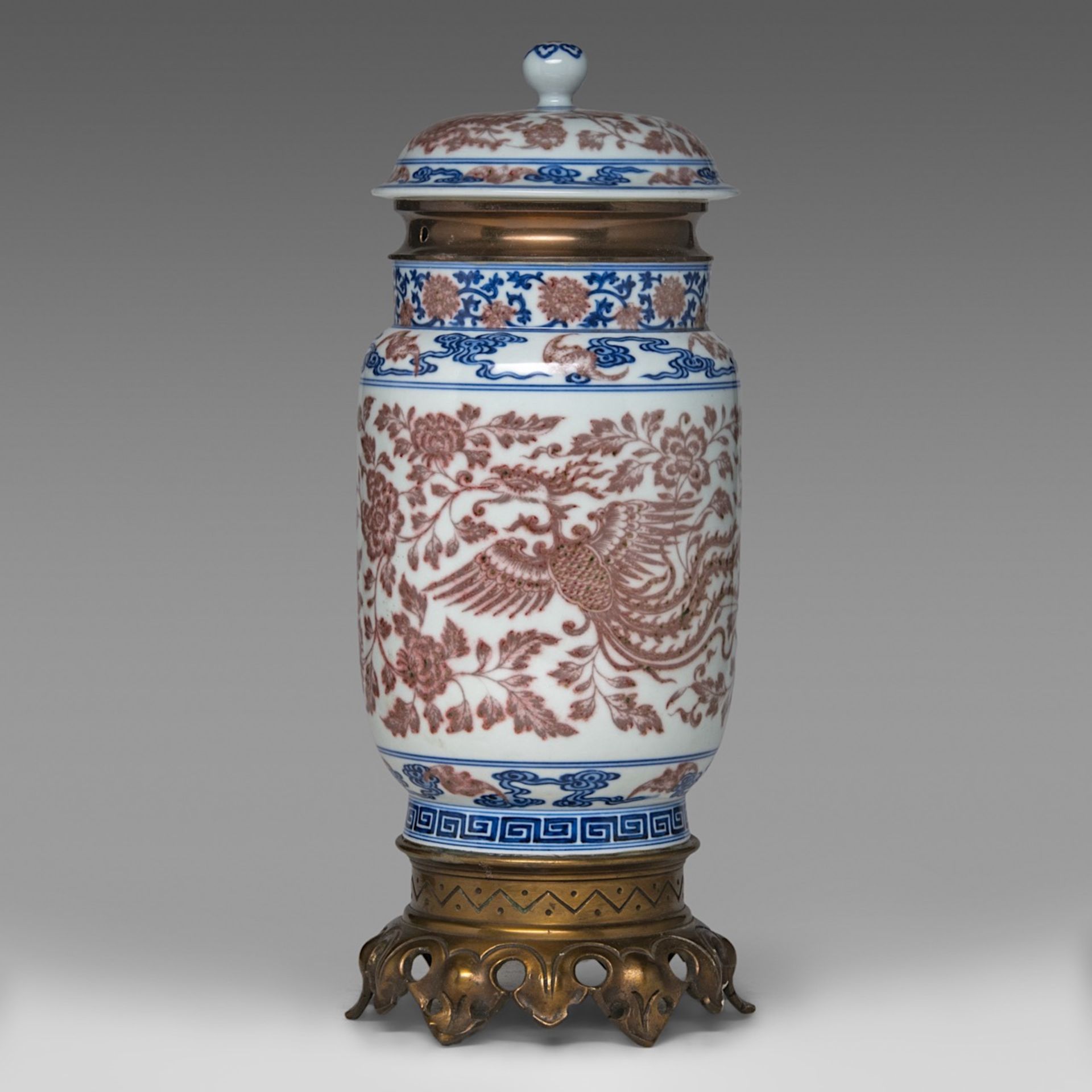 A Chinese copper-red and underglaze blue 'Phoenixes amongst Peonies' albarello lantern vase, with a - Image 3 of 6