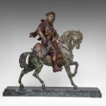 Attrib. to Alfred Barye (1839-1882), Arab horseman, patinated spelter on a vert de mer marble base,