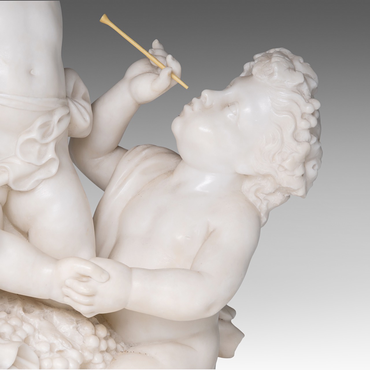 A charming alabaster group of playing putti, on a gilt brass stand, H 68 cm (total) - Image 8 of 9