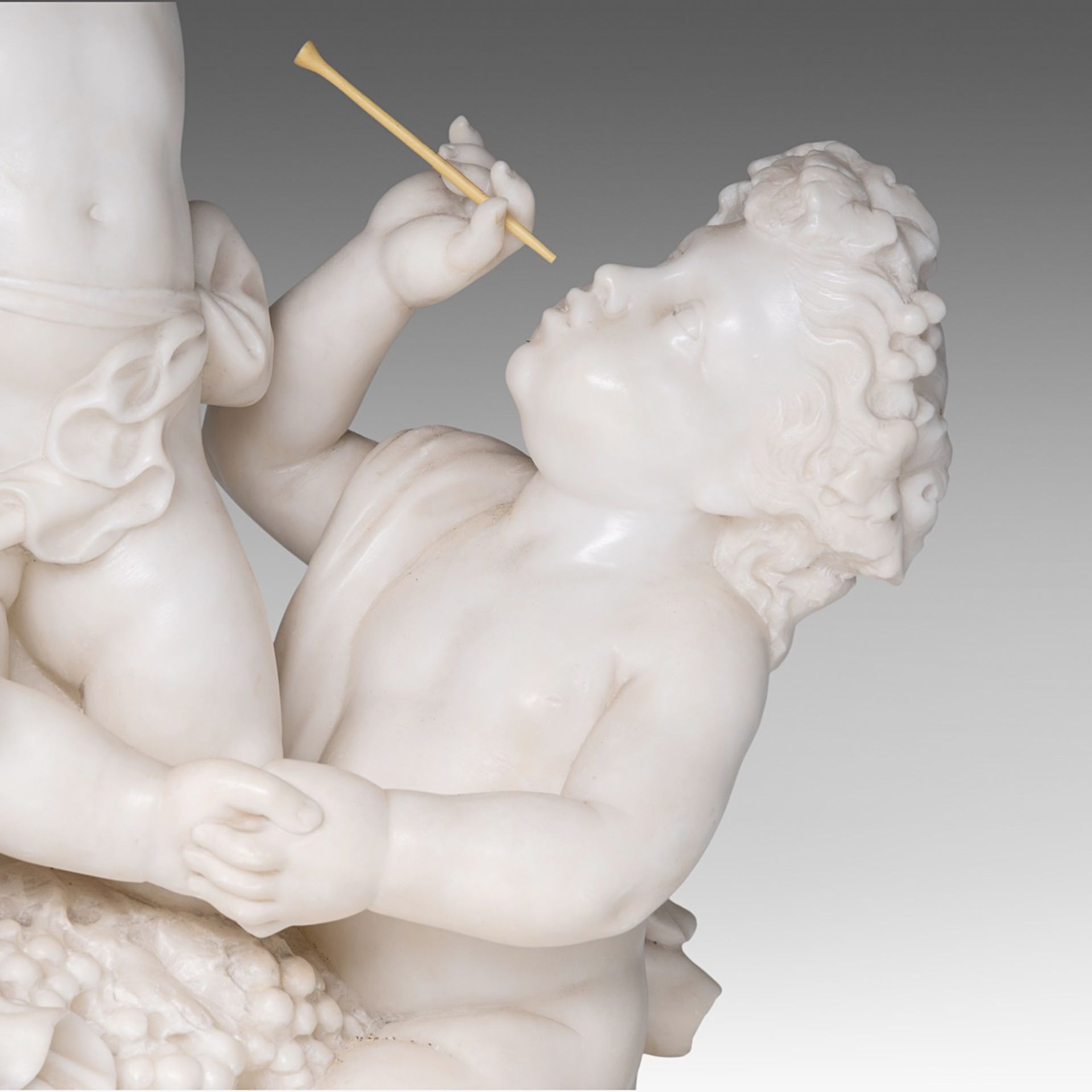 A charming alabaster group of playing putti, on a gilt brass stand, H 68 cm (total) - Bild 8 aus 9