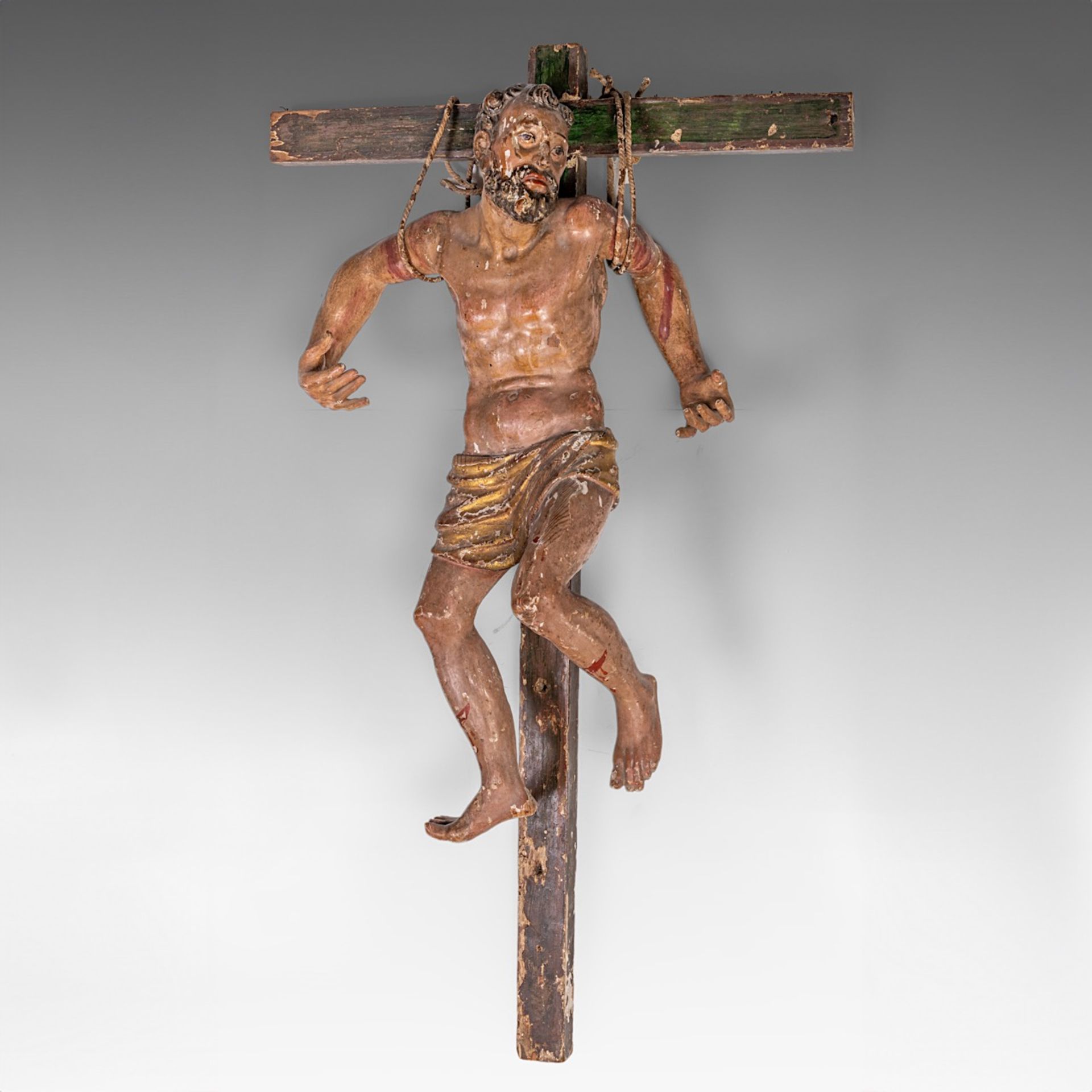 A large polychrome wooden sculpture of 'The Penitent Thief, Dismas', 16th/17thC, Spain, H 110 cm (th