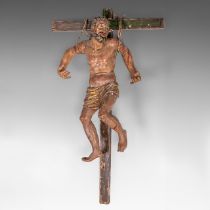 A large polychrome wooden sculpture of 'The Penitent Thief, Dismas', 16th/17thC, Spain, H 110 cm (th
