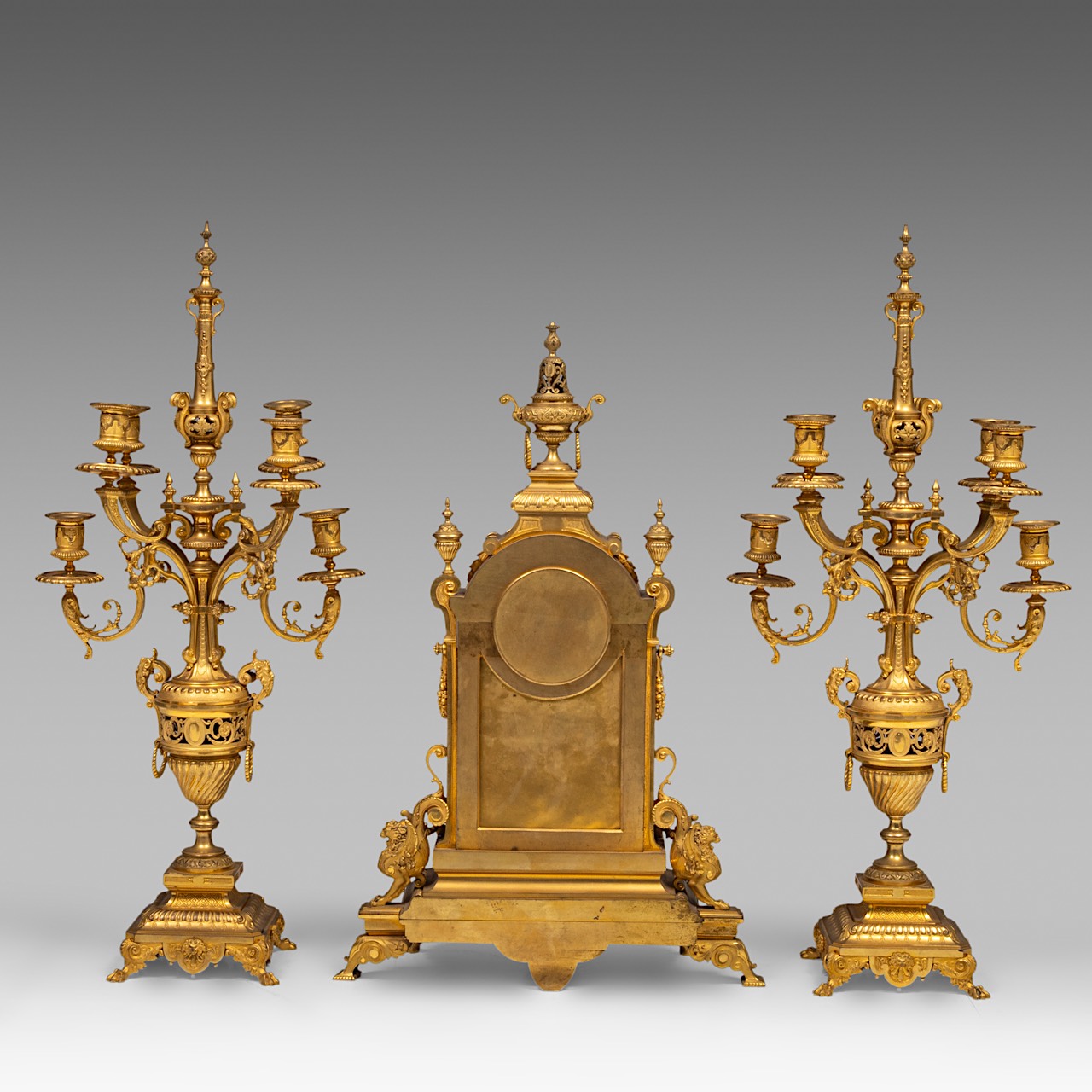 A Napoleon III gilt bronze three-piece mantle clock set, H 70 - 80 cm - Image 3 of 5