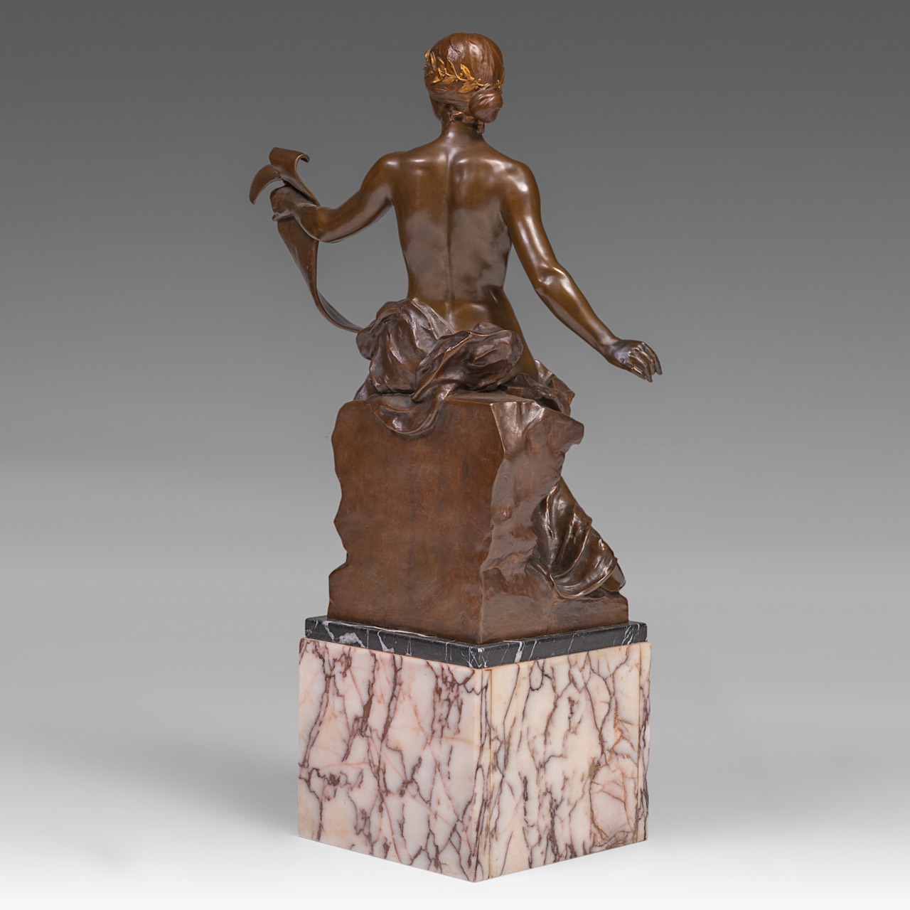 Georges Bareau (1866-1931), 'Allegory of History', patined and gilt bronze, casted by Barbedienne, H - Image 6 of 11
