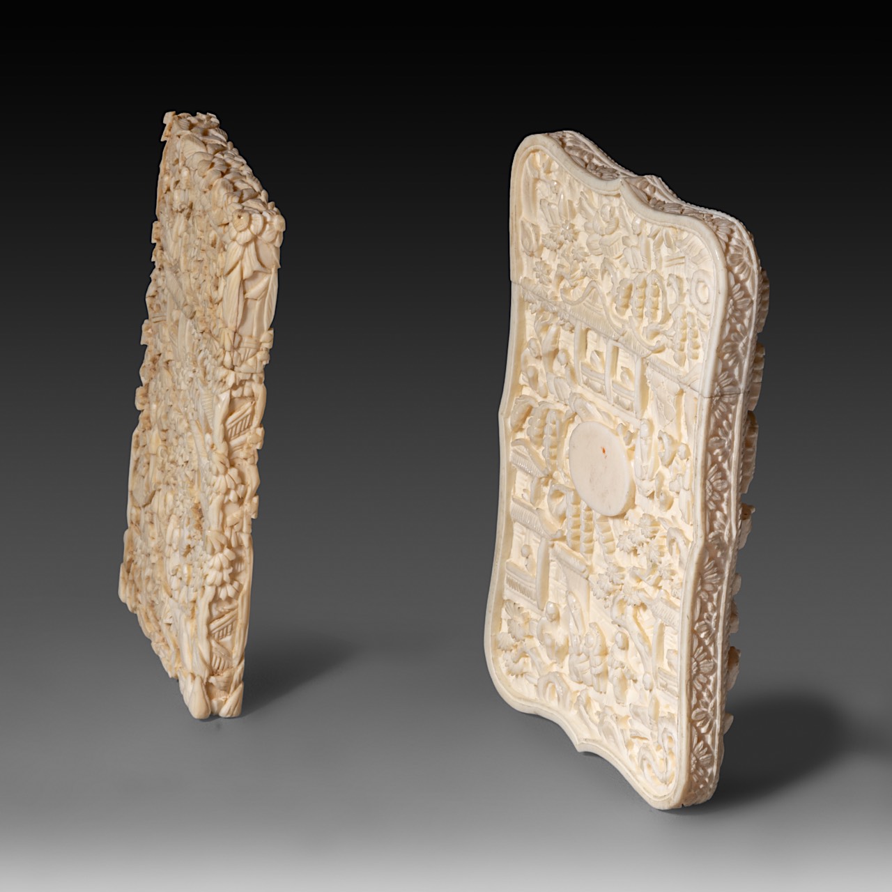 Two Chinese late 19th - early 20th century relief cut ivory calling card cases (+) - Image 5 of 5