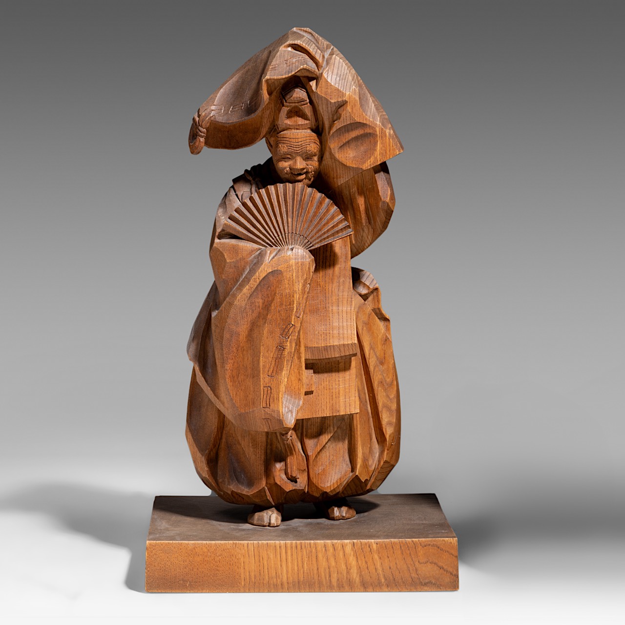 A Japanese cherrywood sculpture of a dancing man, signed Toshiaki Shimamura, total H 47 - 25,5 x 23 - Image 8 of 10