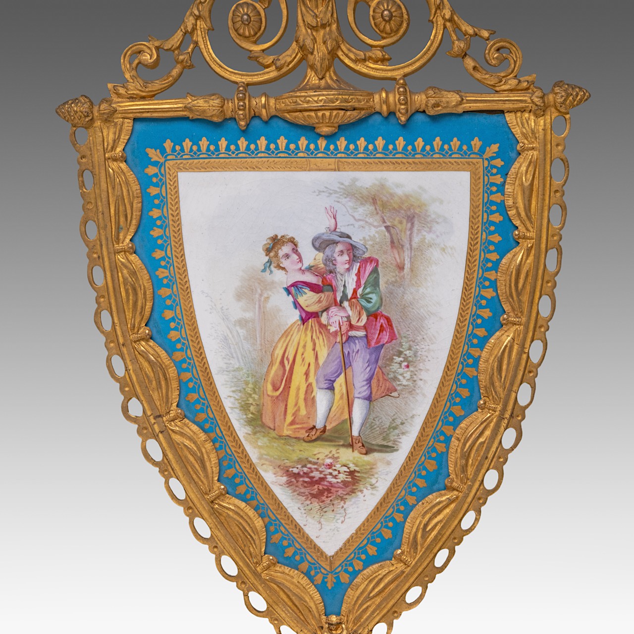 A pair of Louis XVI style Sevres porcelain and gilt bronze wall appliques, H 42 cm - Image 4 of 6