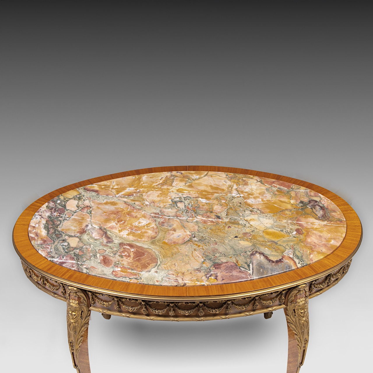 A mahogany marble-topped transitional-style side table with gilt bronze mounts, H 58 cm - W 100 cm - - Image 6 of 7